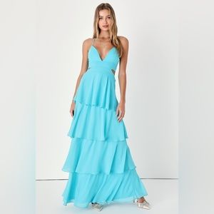 Lulus Tier and Now Blue Tie-Back Tiered Maxi Dress